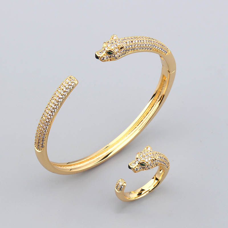 New Leopard Simple Micro-inlaid Zircon Green Eye Bracelet Ring Set Men&#039;s And Women&#039;s Casual Personality Jewelry