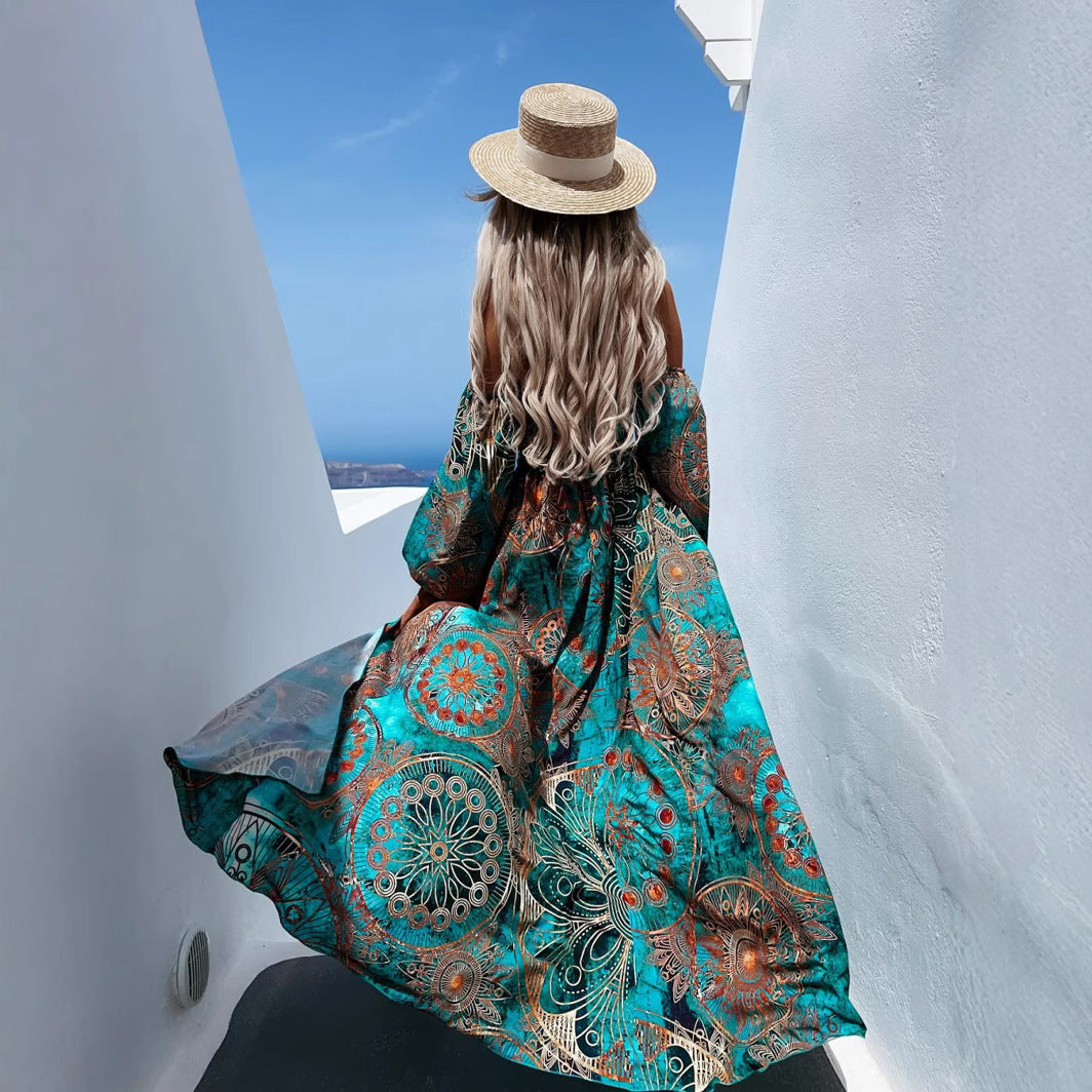 New Off-neck Long Sleeve Tube Top Printed Long Dress