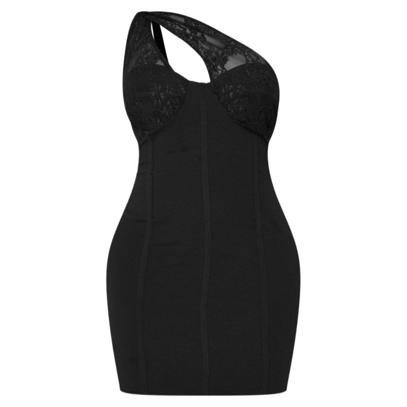 Autumn Sexy Hot Girl Women&amp;#039;s Clothing  Solid Color Sleeveless Slanted Shoulder Lace High Waist Dress