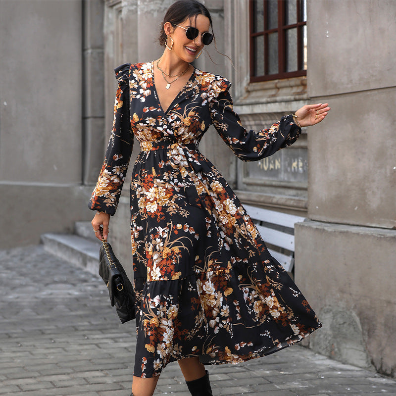 New  Women&#039;s Clothing European And American Printed Autumn Dress