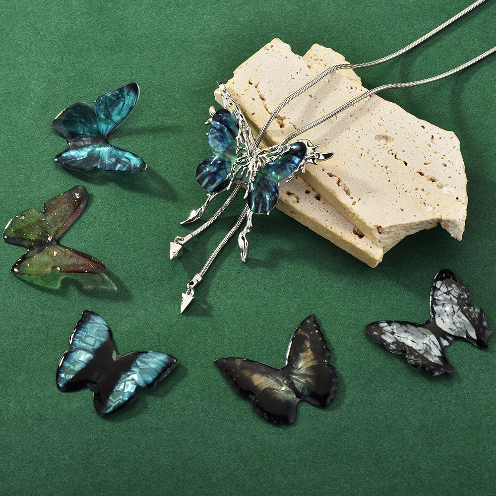 Blue Butterfly Tassel Necklace Replaceable Butterfly Piece Classy Pull Adjustable Fashionable Sweater Chain