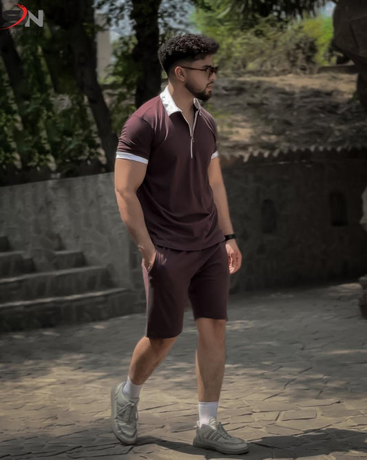 Contrast colar Zipper Short Suit