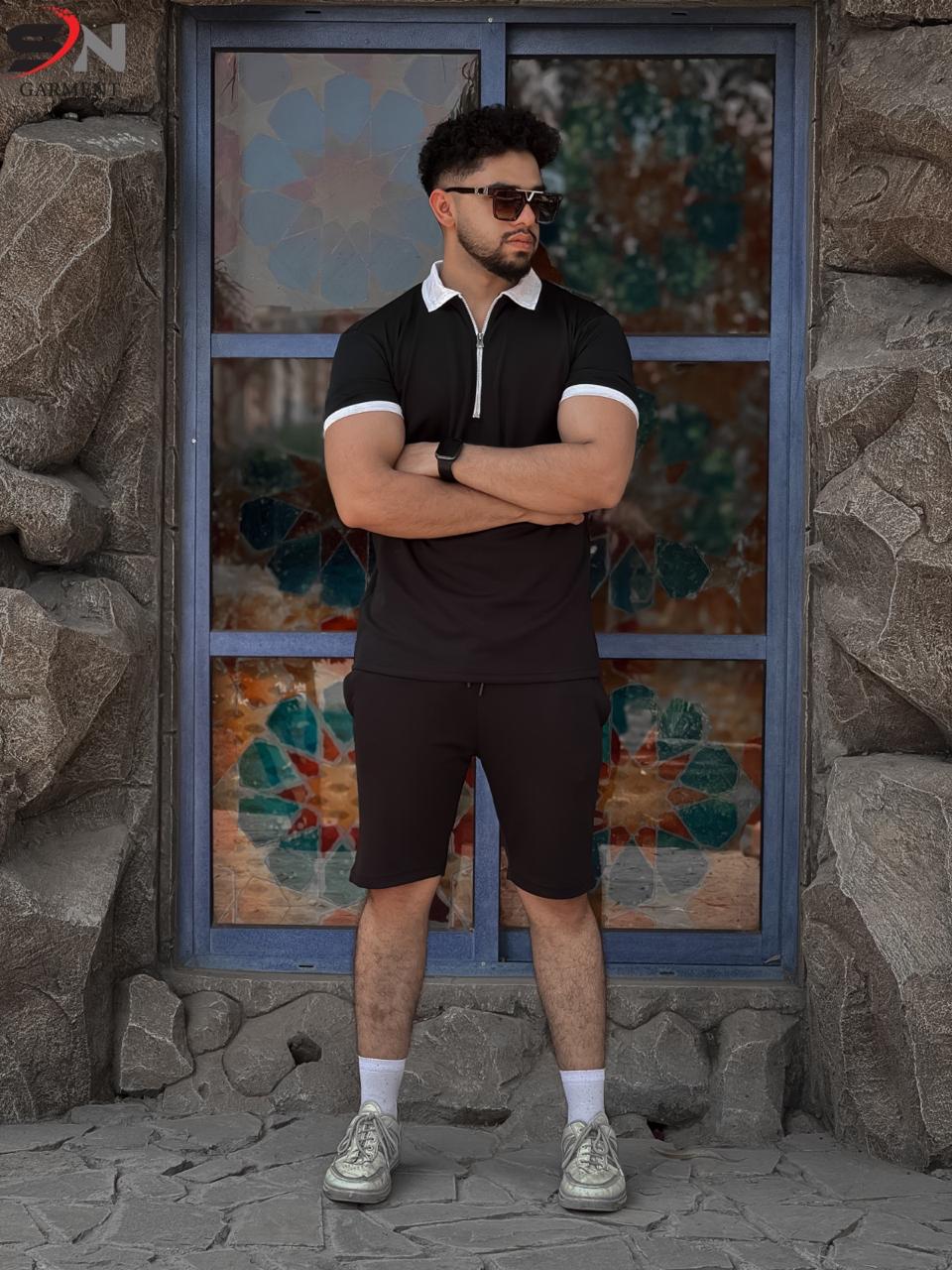 Contrast colar Zipper Short Suit