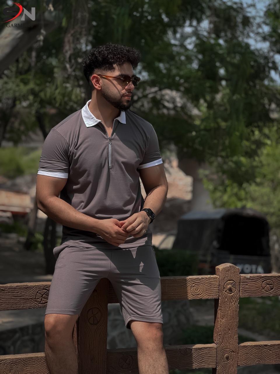 Contrast colar Zipper Short Suit