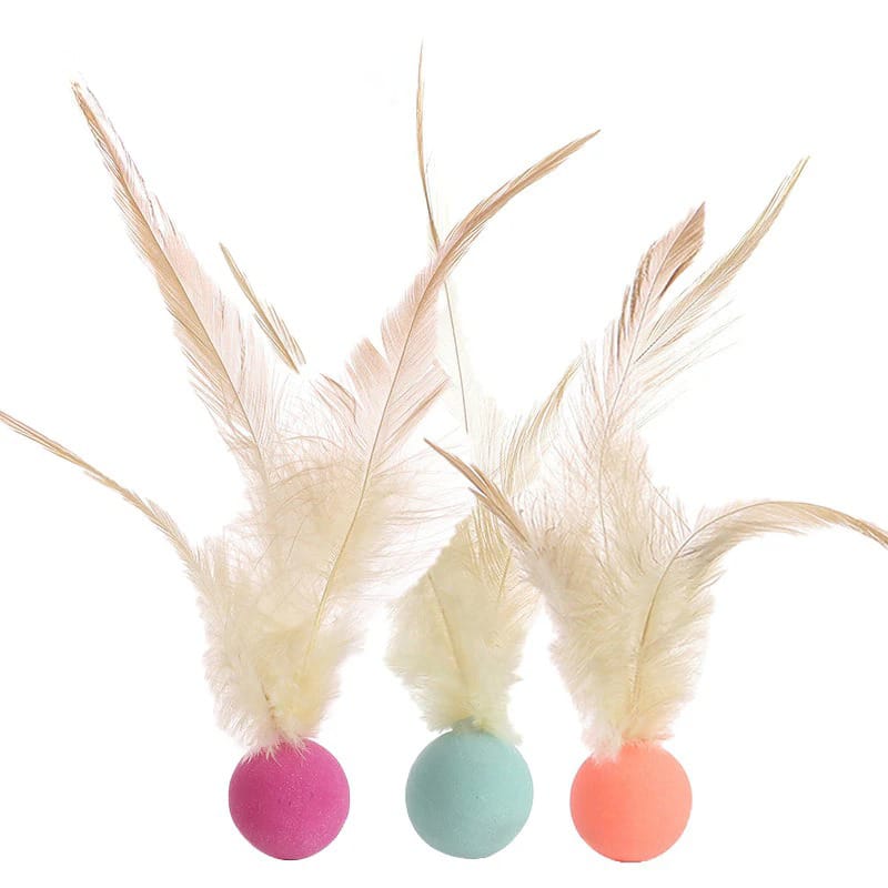 Pack Of 3 Feather Rubber Balls Throwing Cat Toys