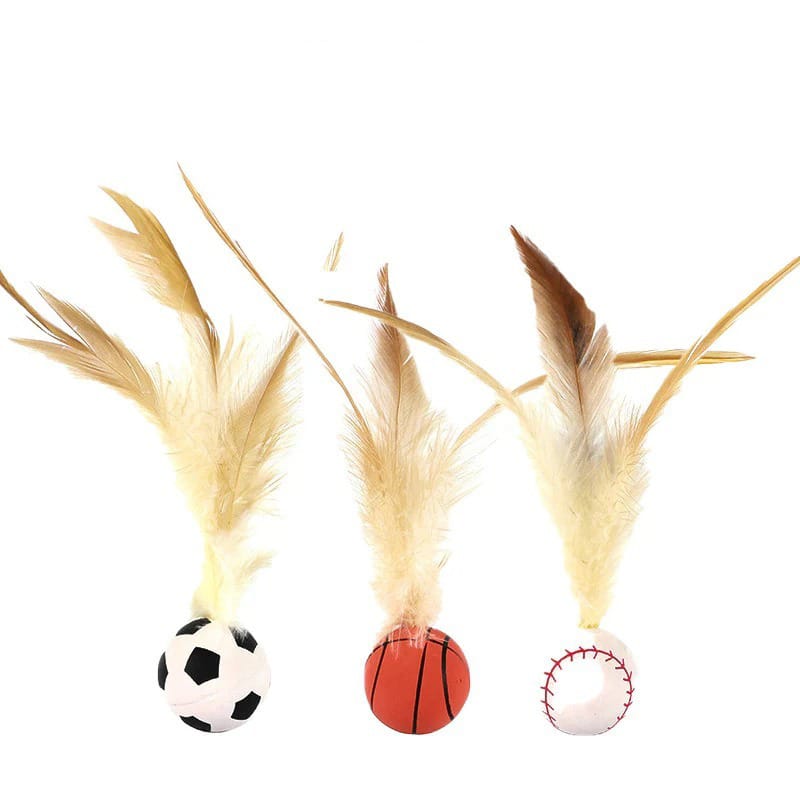 Pack Of 3 Feather Rubber Balls Throwing Cat Toys