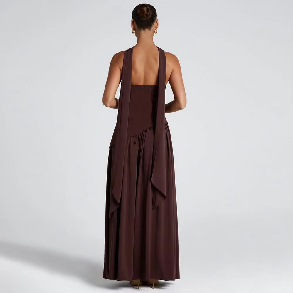 Elegant Brown Strapless Pleated Maxi Dress With Slit