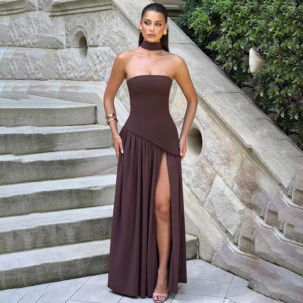 Elegant Brown Strapless Pleated Maxi Dress With Slit